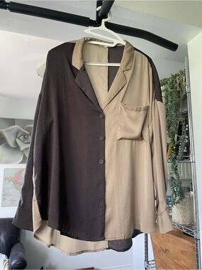 Promesa Two-Tone Satin Shirt in Brown and Tan
